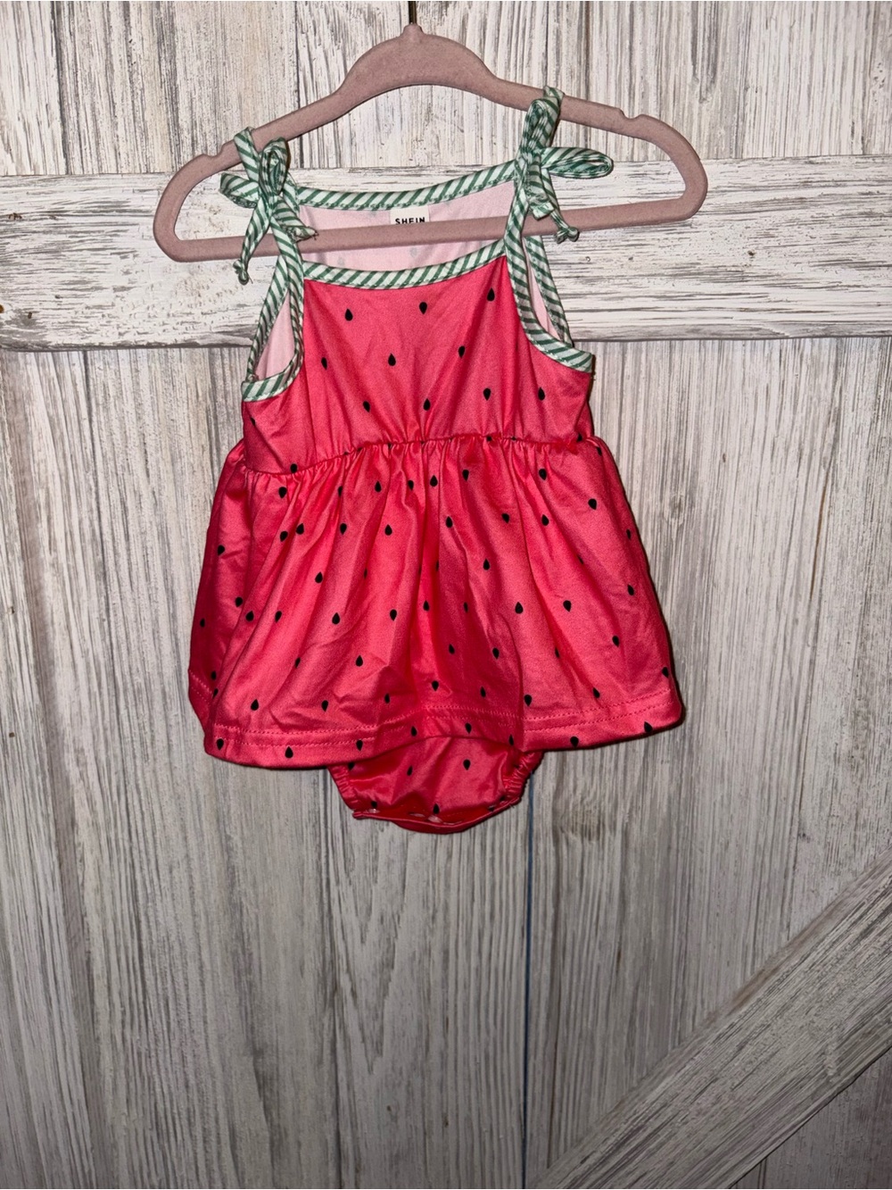 Pink Watermelon Print Baby Dress with Green Trim - Picture 1 of 8